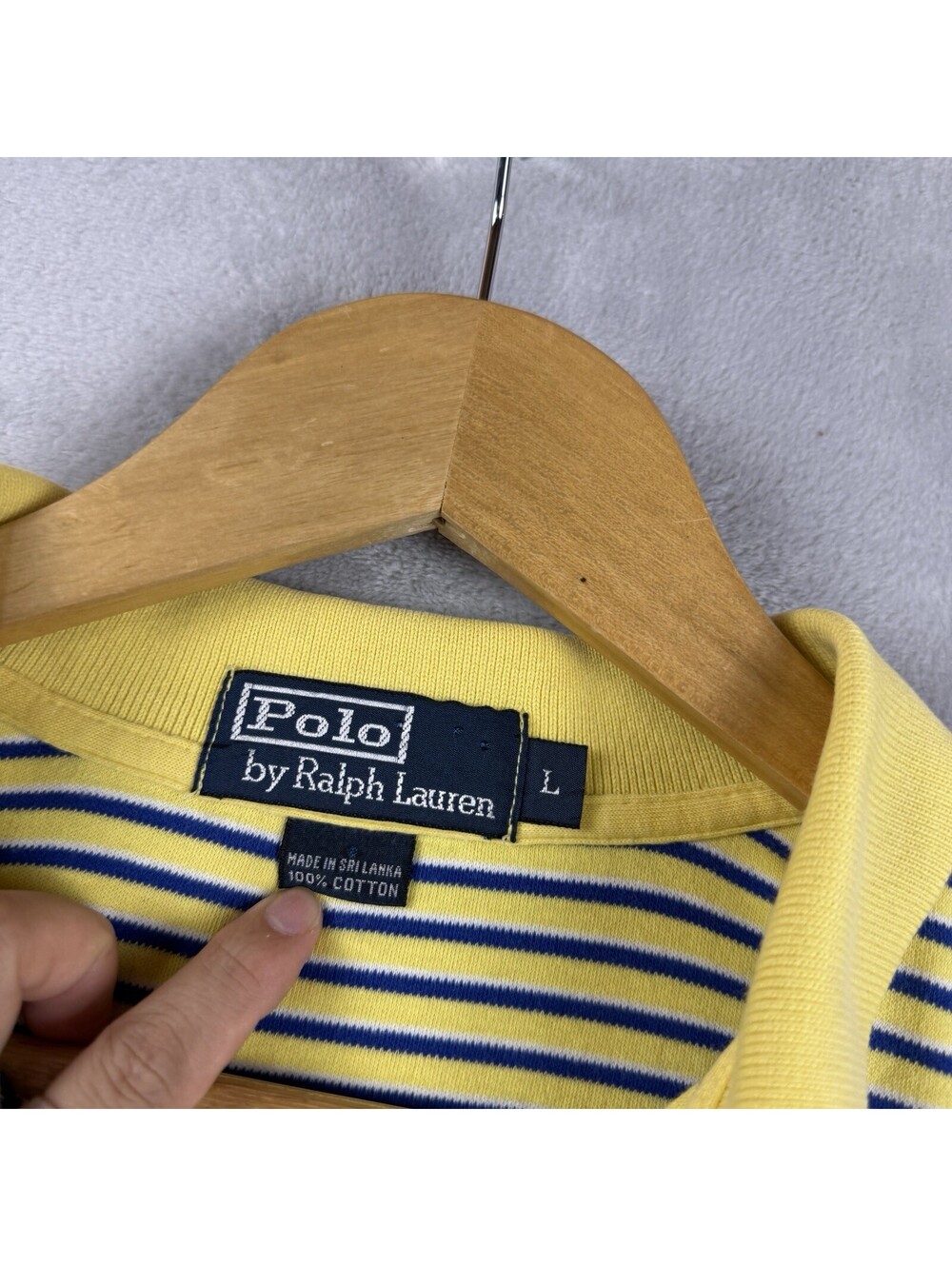 Polo Ralph Lauren Yellow Blue Stripe Polo Shirt Men’s L Cotton Short Sleeve Pony - Picture 4 of 7
